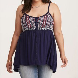 Torrid Embroidered Button Babydoll Tank Top